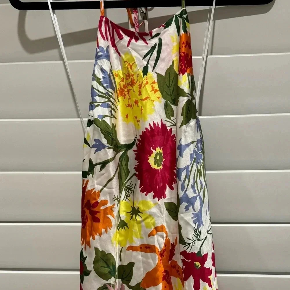 REFORMATION NWT Jennis Floral Silk Halter Mini Dress Low Back String Tie M - Picture 12 of 15